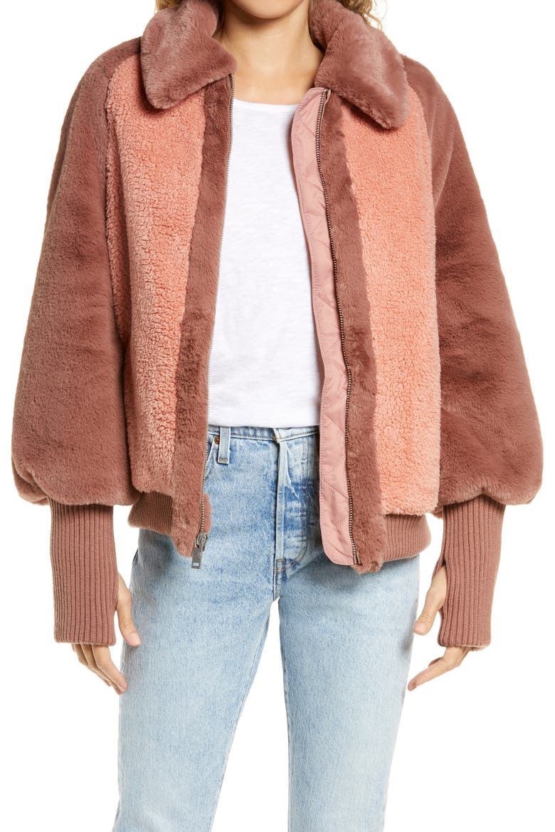 Augusta Faux Fur & Faux Shearling Baseball Jacket, Main, color, FIREWOOD