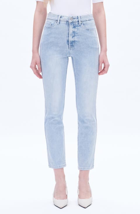 High Waist Slim Straight Leg Jeans (Light Blue)