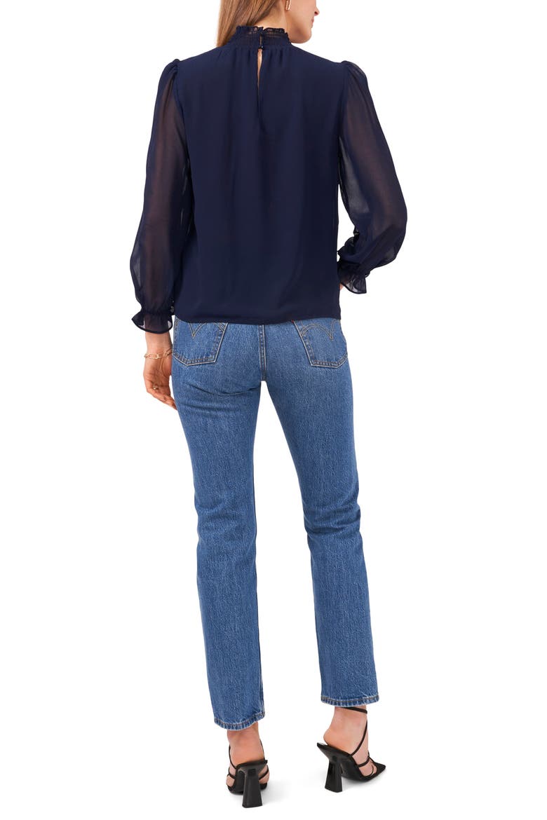 Smocked Neck Long Sleeve Blouse, Alternate, color, PEACOAT BLUE