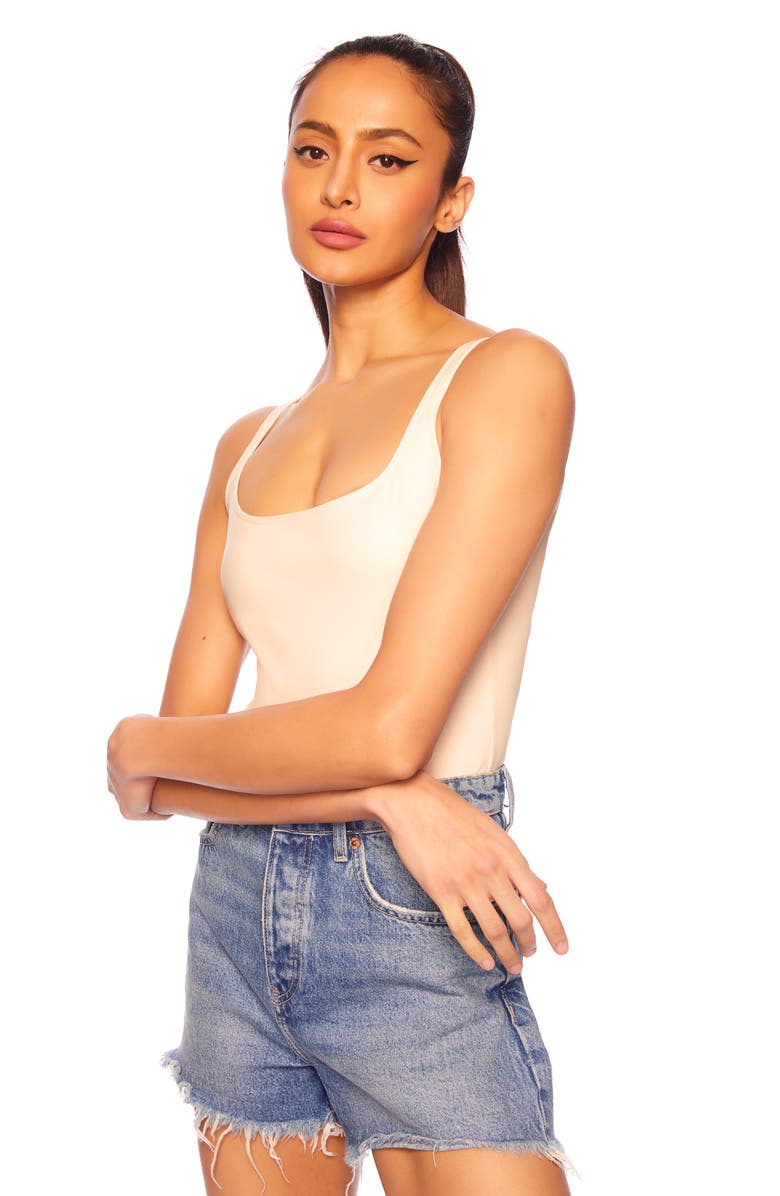 Susana Monaco Faux Leather Low Back Bodysuit, Alternate, color, Blanched Almond