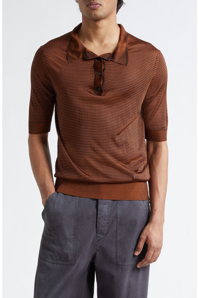 Stripe Plaited Rib Polo Sweater, Main, color, DARK BROWN/ ORANGE