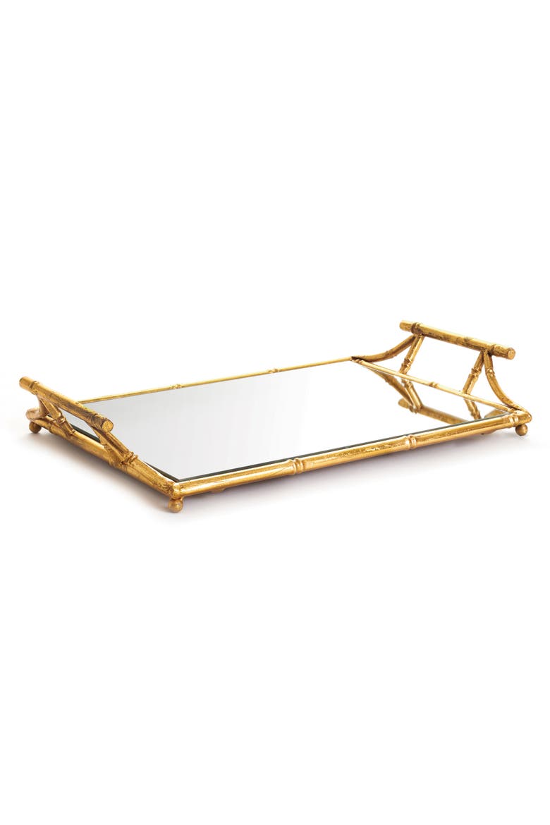 Daphne Mirrored Premium Gold Decorative Table Tabletop Tray w/ Raised Handles, Main, color, Gold