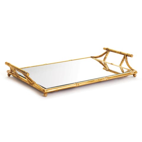 Daphne Mirrored Premium Gold Decorative Table Tabletop Tray w/ Raised Handles