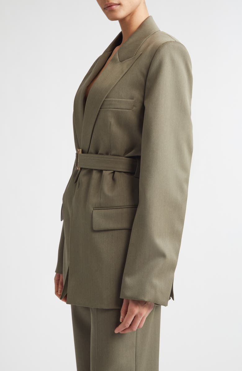 Victoria Beckham Tailored Belted Wool Blend Twill Jacket, Alternate, color, Sage Melange
