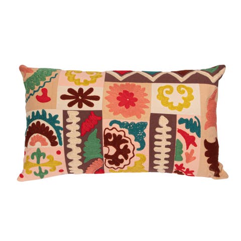 Cotton Embroidered Patchwork Lumbar Pillow with Chambray Back, Multicolor