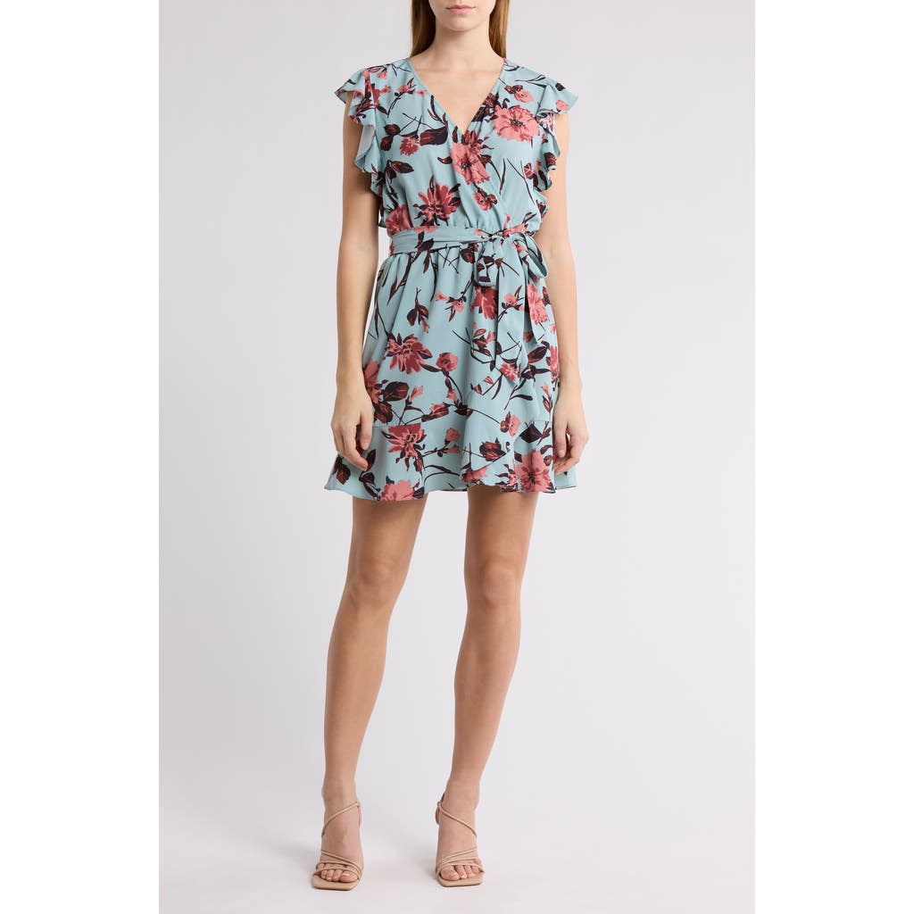 Melrose And Market Ruffle Tie Waist Dress In Teal- Pink Prim Bloom