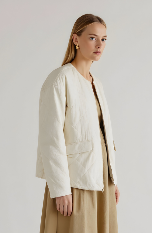 Modenaire Diamond Quilted Zip-front Jacket With Flap Pockets And Clean Collarless Cut In White