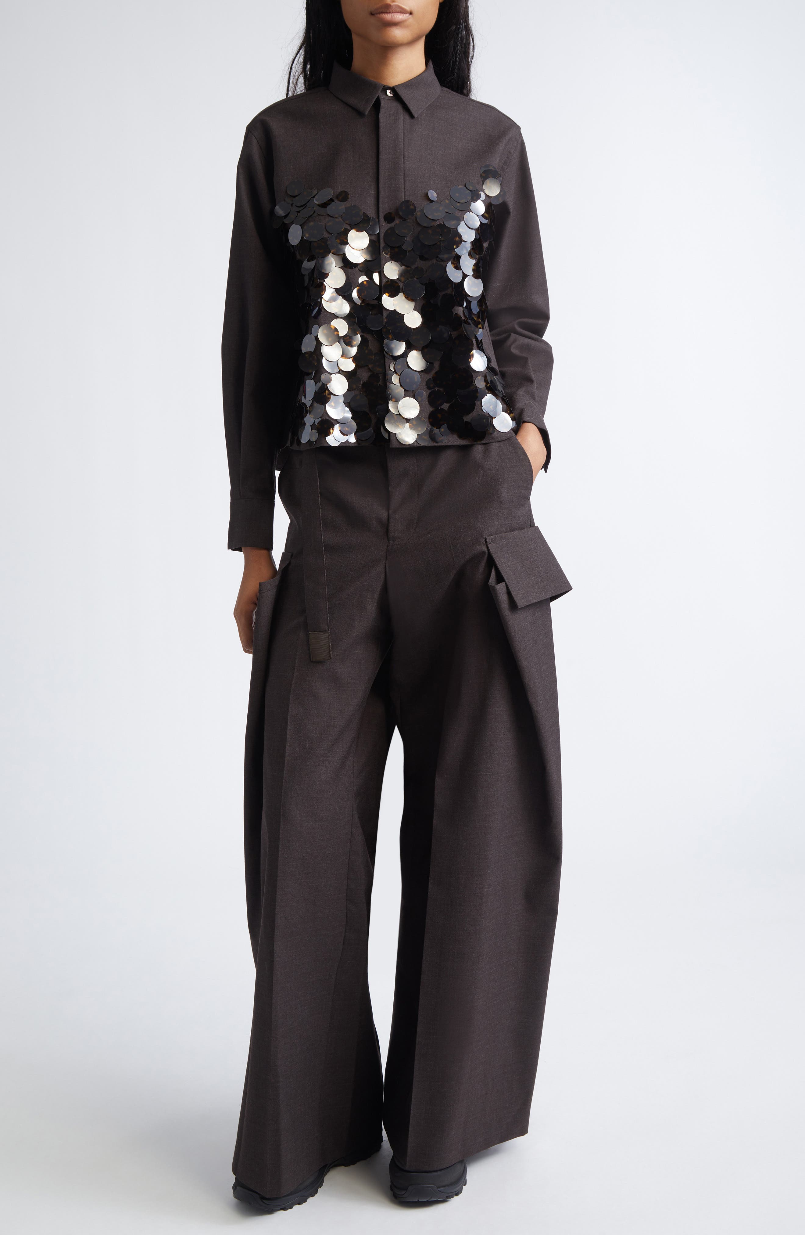 Sequin Embroidered Wool Suiting Button-Up Shirt - image 2