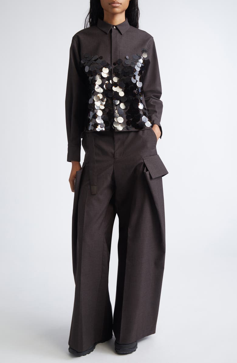 Sacai Sequin Embroidered Wool Suiting Button-Up Shirt, Alternate, color, Brown/ Brown