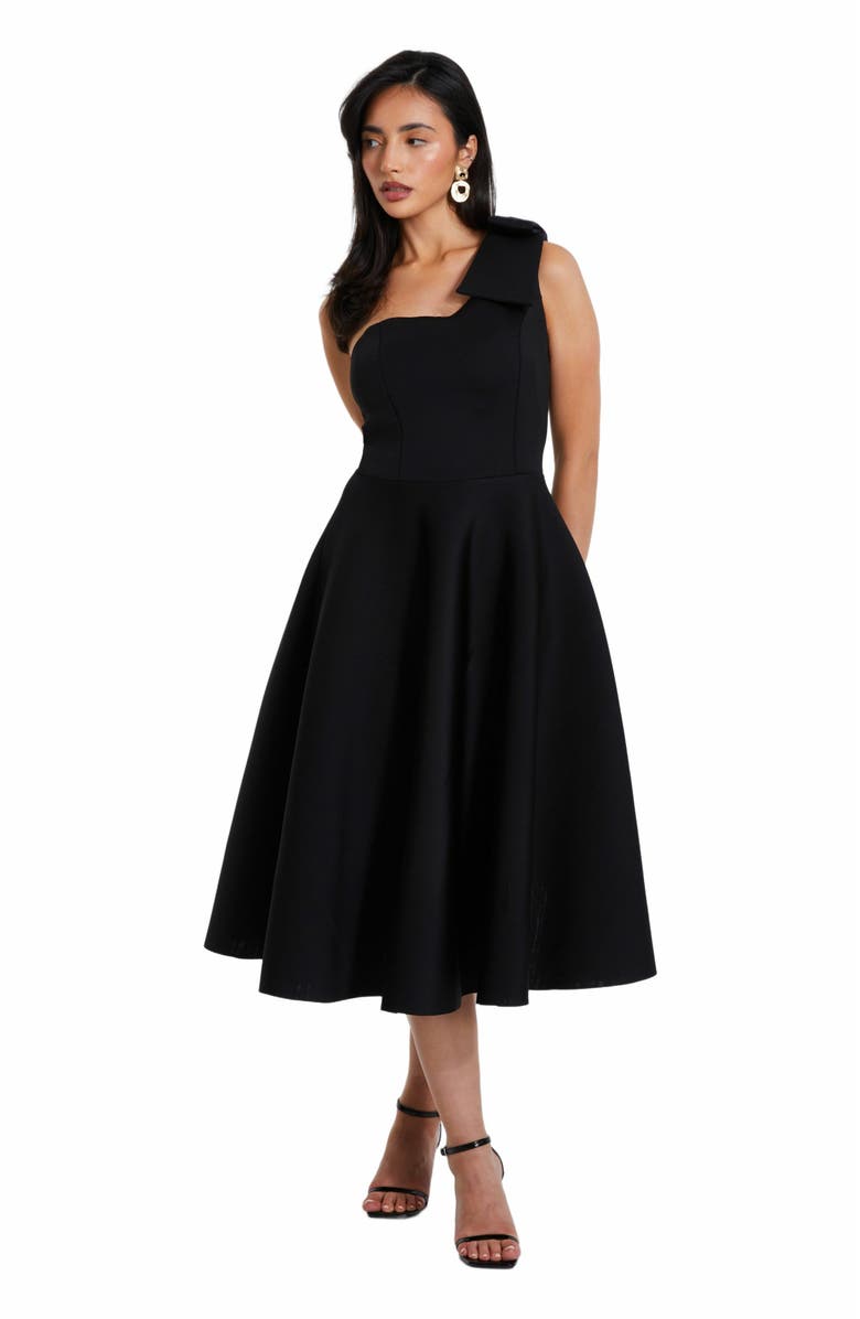 QUIZ Scuba Knit One-Shoulder Bow Skater Midi Dress, Main, color, 