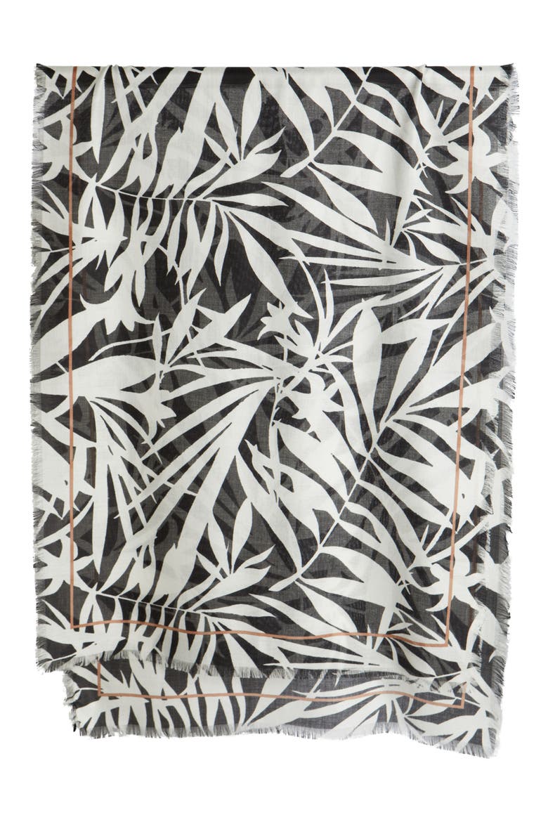 Floral Print Scarf with Eyelash Fringe, Alternate, color, BLACK TROPICS