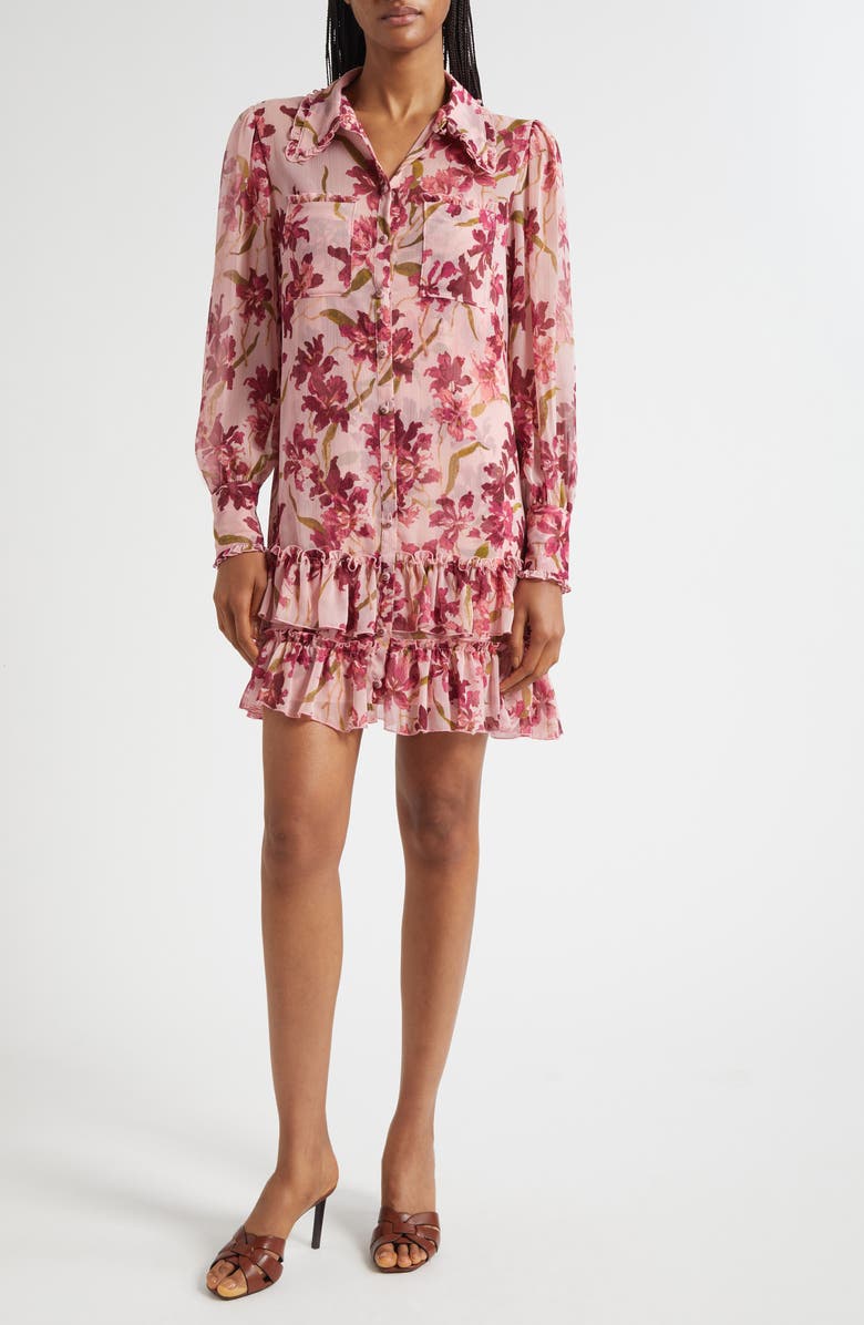Cinq à Sept Lupetto Trailing Hibiscus Long Sleeve Mini Shirtdress, Main, color, Blushed Petal/Multi