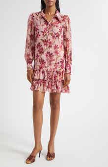 Cinq à Sept Lupetto Trailing Hibiscus Long Sleeve Mini Shirtdress