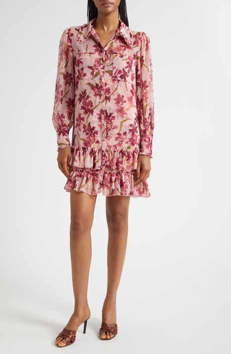 Cinq à Sept Lupetto Trailing Hibiscus Long Sleeve Mini Shirtdress
