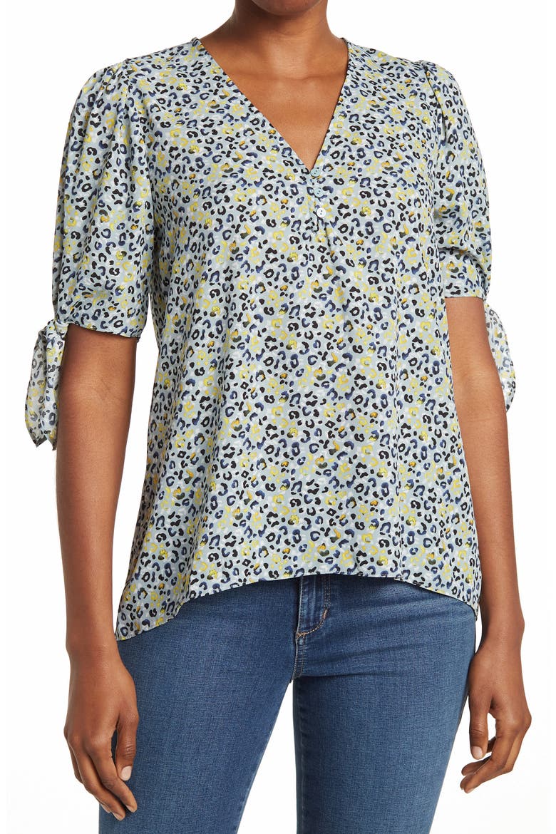 Tie Sleeve Button Front Blouse, Alternate, color, DUSTY BLUE BLACK ANIMAL