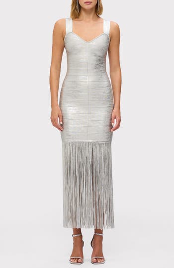 Herve Leger The Metallic Alba Gown In Silver Foil