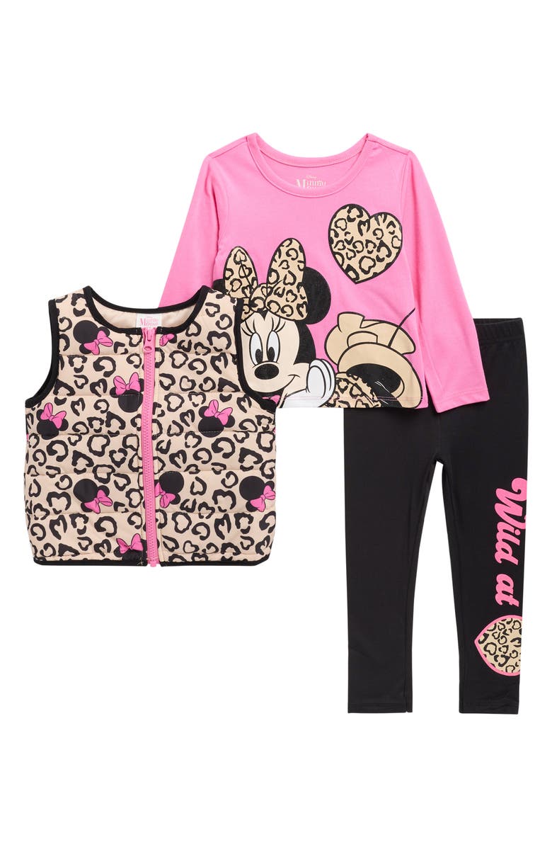 Happy Threads Kids' Minnie Mouse 3-Piece Long Sleeve T-Shirt, Vest & Leggings Set, Main, color, Pink