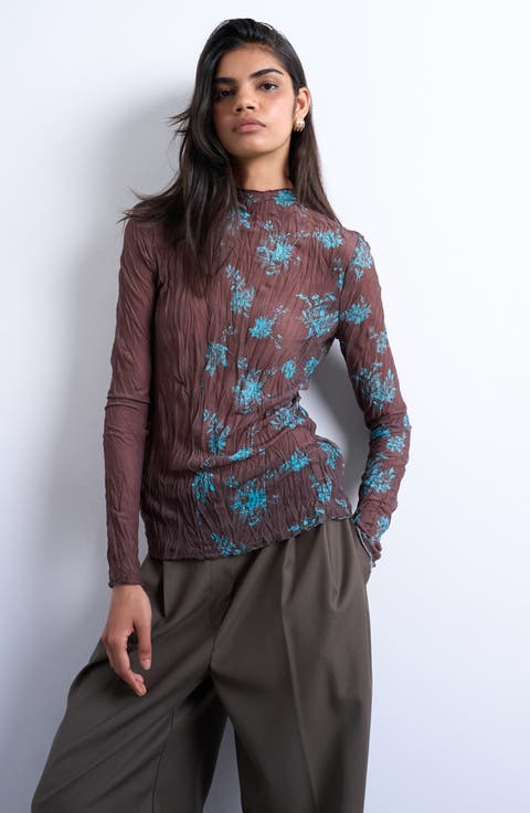 Floral Colorblock Crinkle Mesh Top