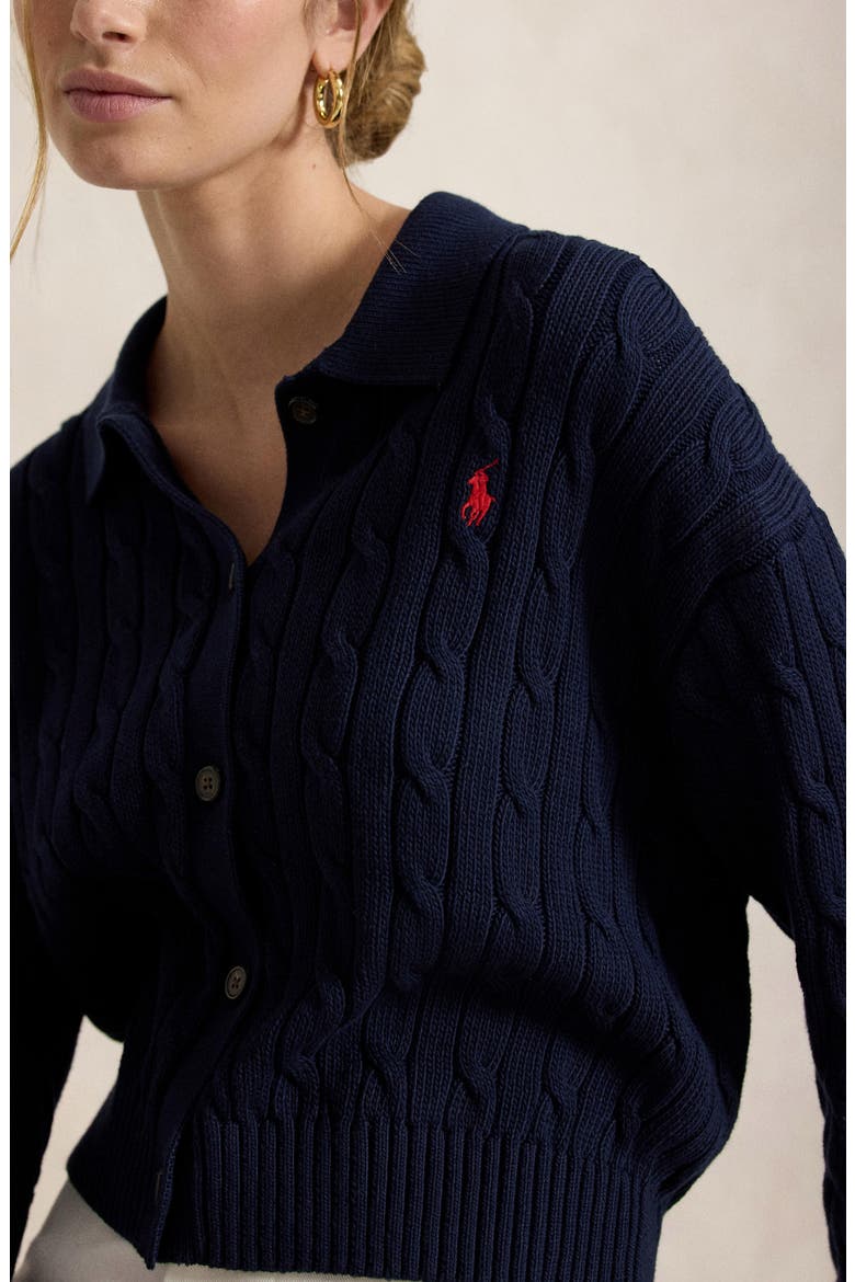 Cable Cotton Polo Collar Cardigan, Alternate, color, HUNTER NAVY