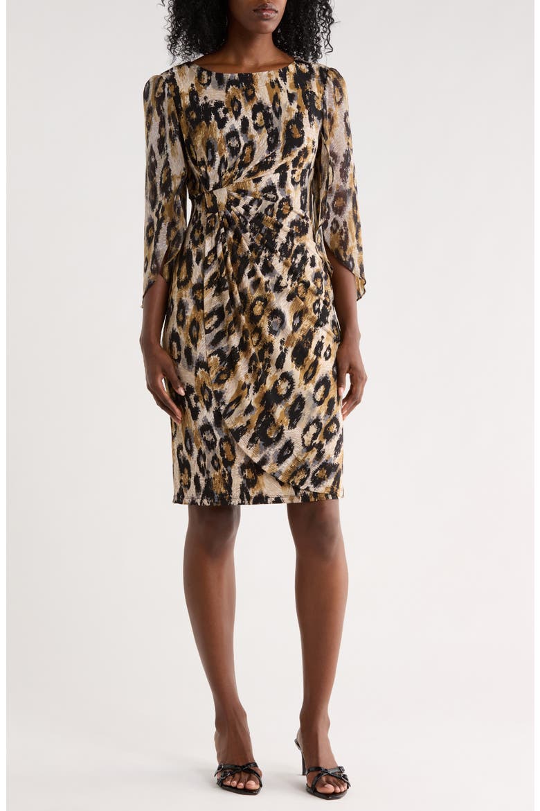 Leopard Print Cape Sleeve Dress, Main, color, BLACK