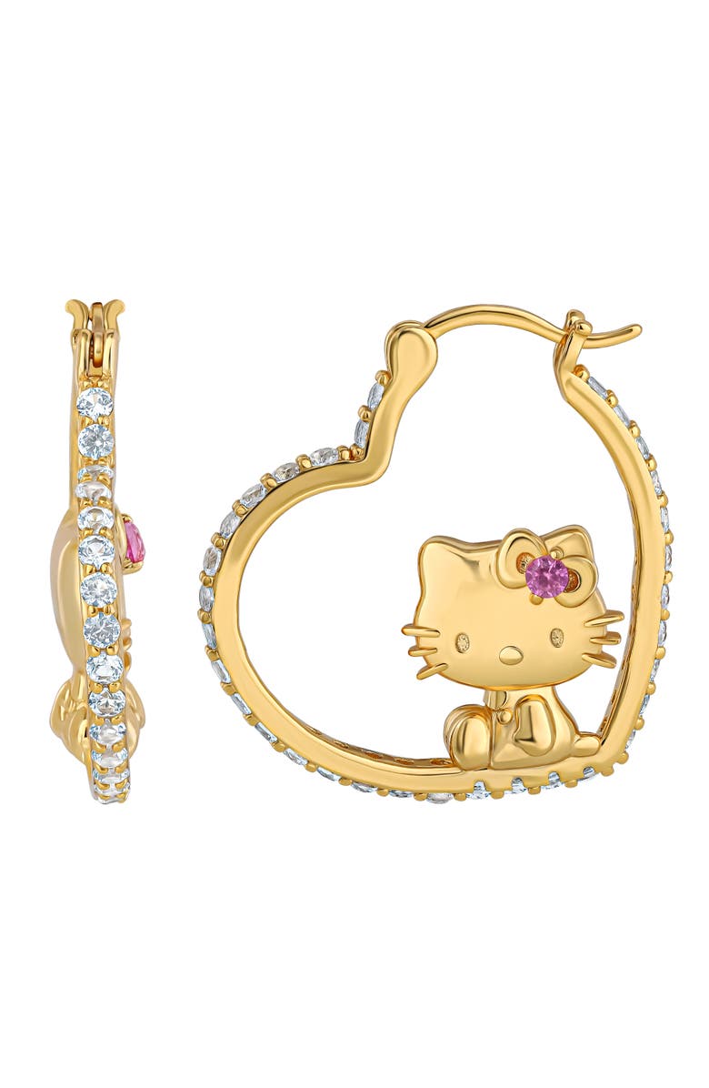 Hello Kitty Sapphire Heart Hoop Earrings, Main, color, Gold/Pink