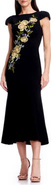 Dress the Population Sheryl Floral Appliqué Midi Cocktail Dress