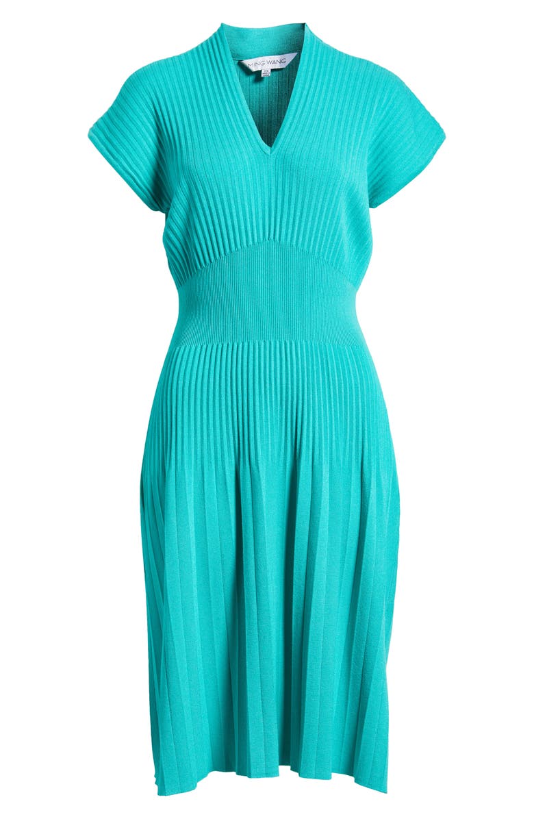 Ming Wang x Tanya Foster Pleated Rib Fit & Flare Dress, Alternate, color, Emerald Awe