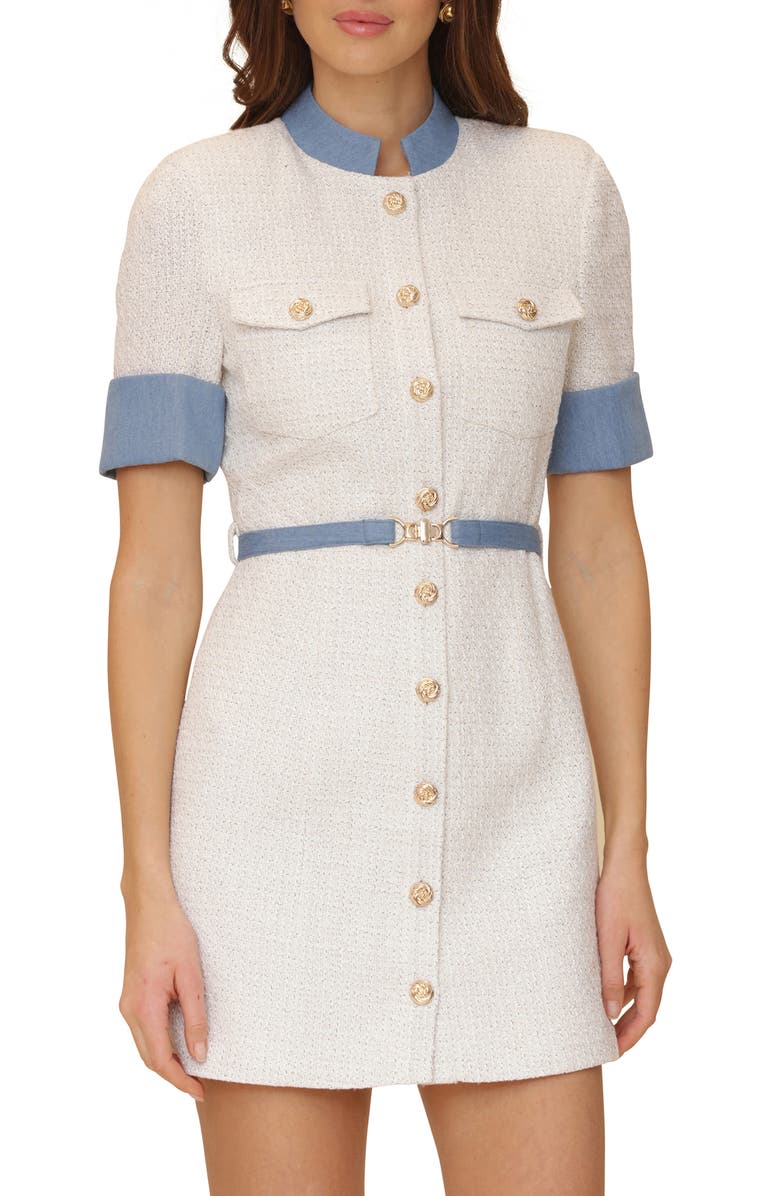 Avec Les Filles Rolled Cuff Short Sleeve Tweed Minidress, Alternate, color, Ivory Denim