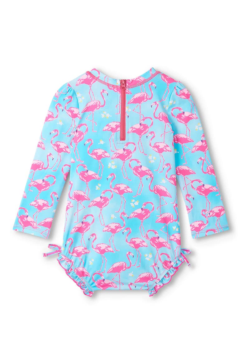 Whimsical Flamingos Long Sleeve One-Piece Rashguard Swimsuit, Alternate, color, BLUE