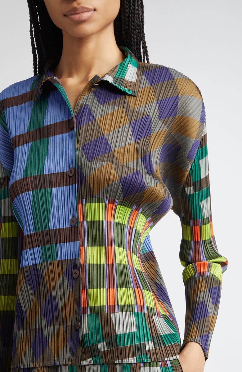 Pleats Please Issey Miyake Harmony Pleated Long Sleeve Button-Up Shirt, Alternate, color, Blue