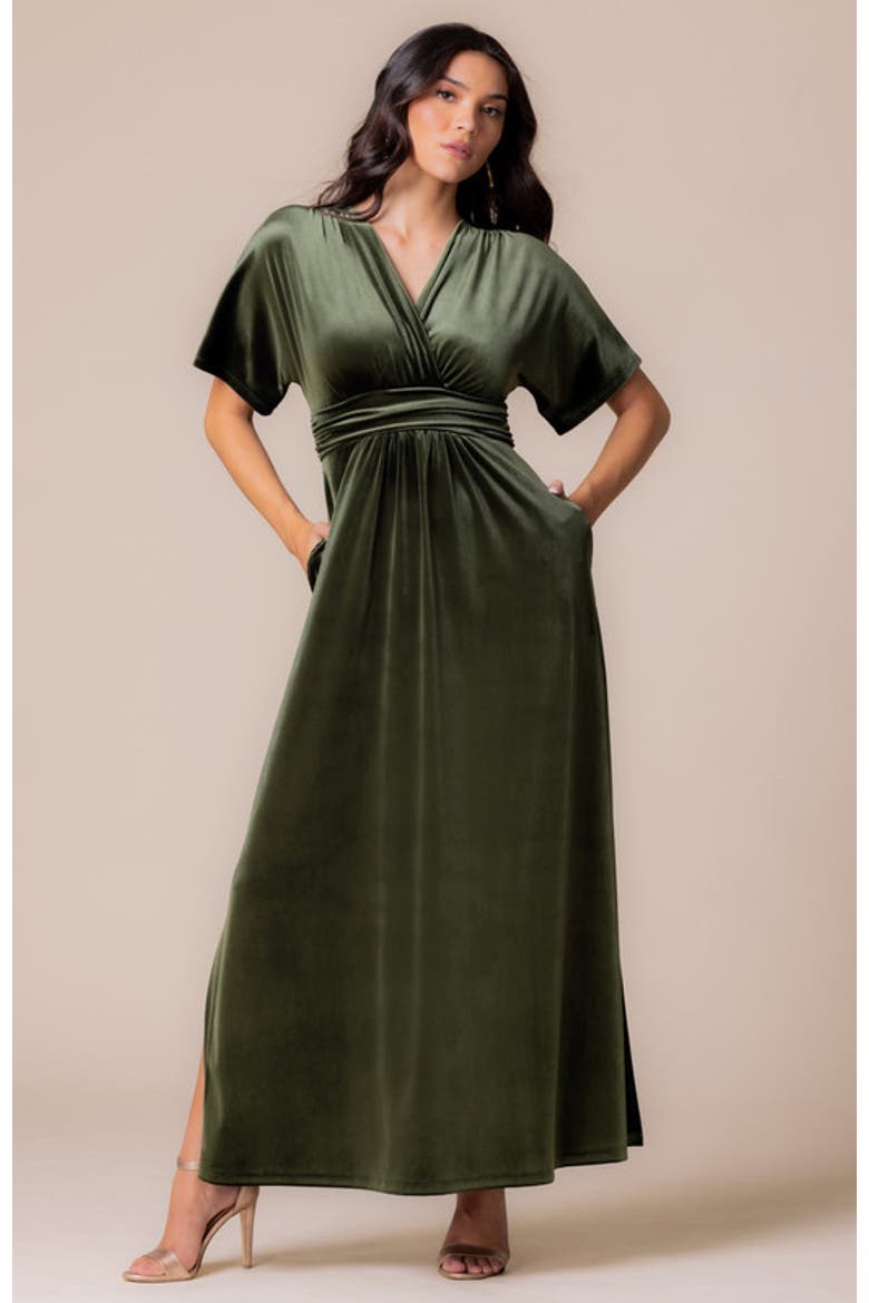 Verona V-Neck Velvet Evening Gown with Pockets, Alternate, color, Olive
