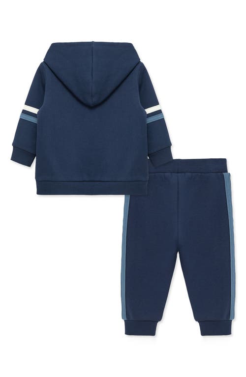 Little Me Stripe Sleeve Pullover Hoodie & Pants Set In Blue