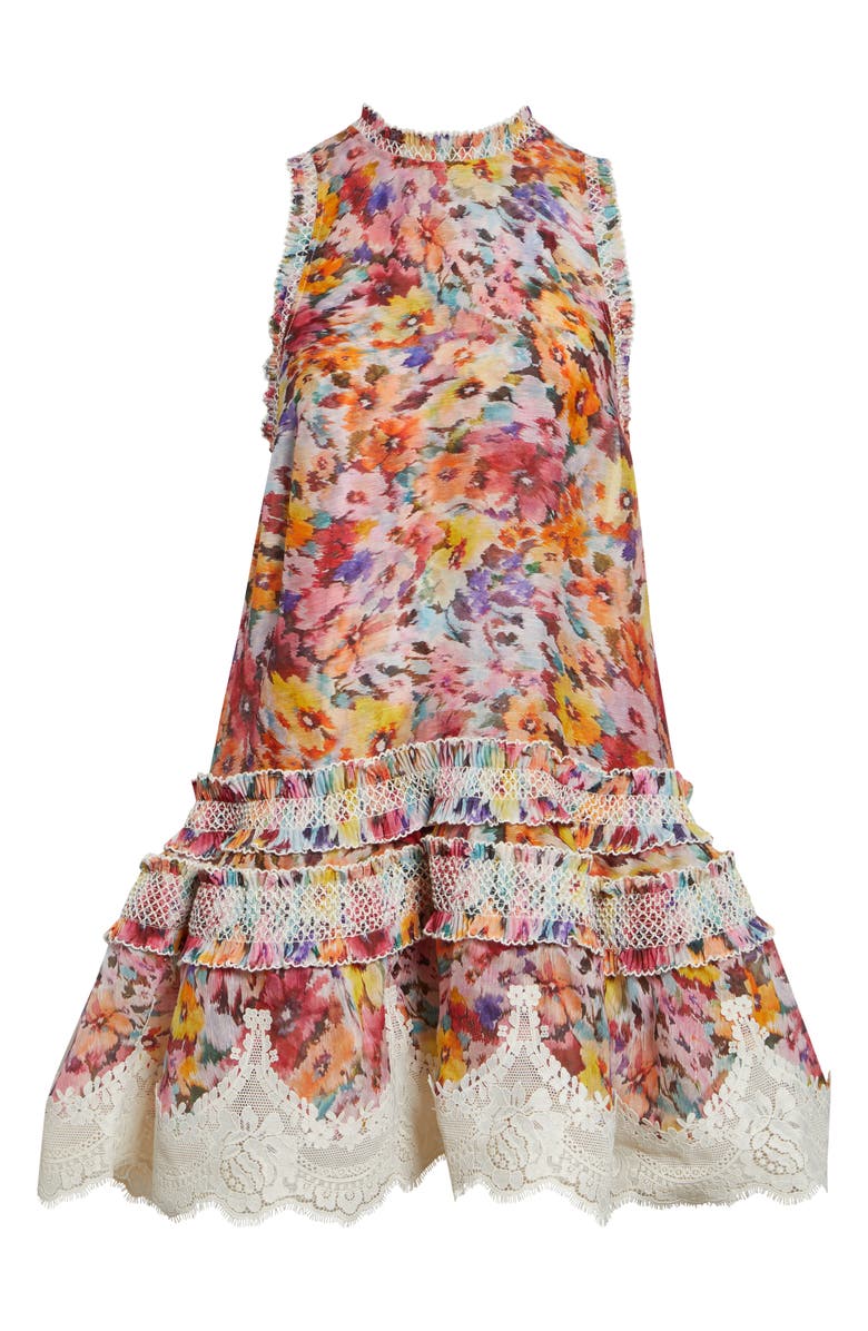 Zimmermann Luna Shirred Silk & Linen Organza Lantern Dress, Main, color, Multi Floral