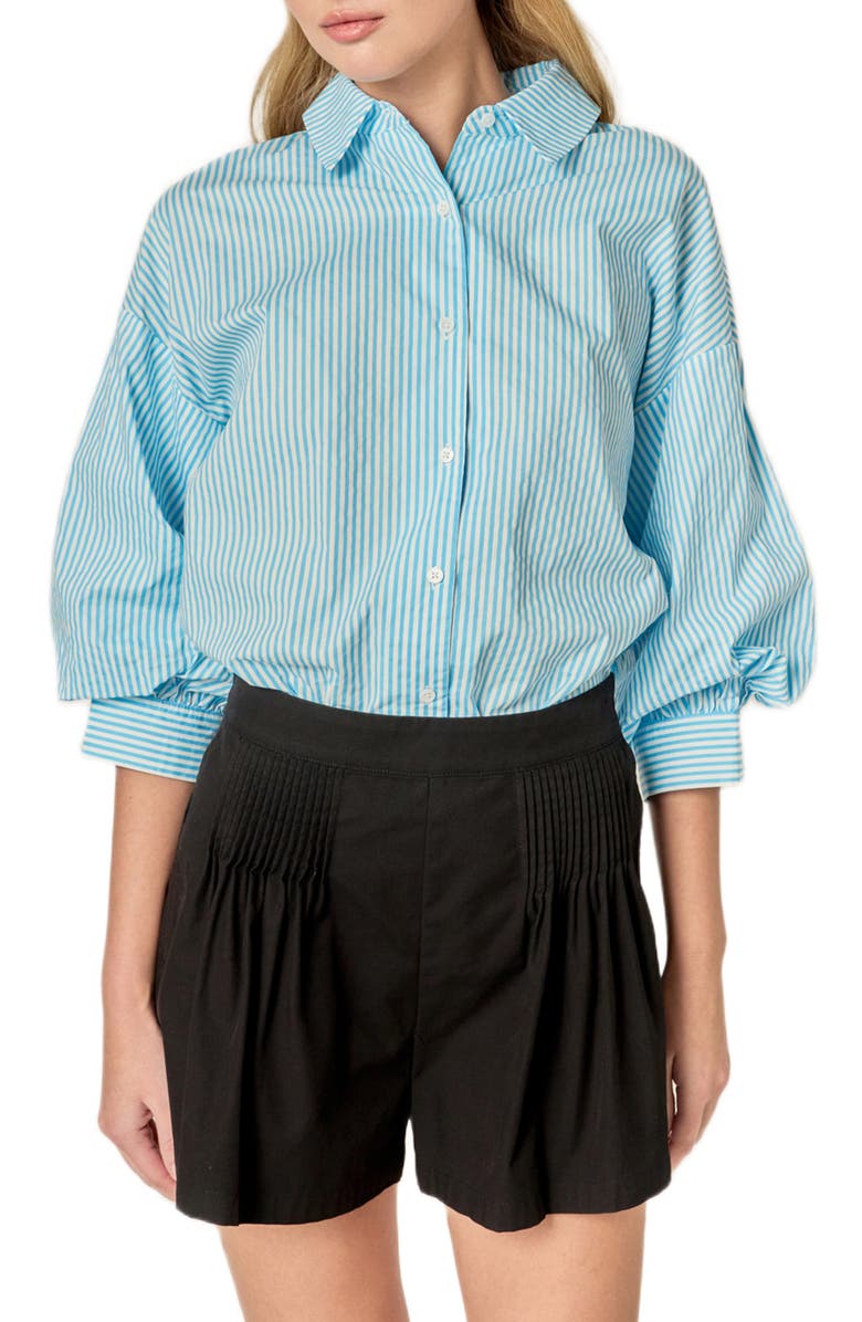 English Factory Stripe Puff Sleeve Button-Up Shirt, Main, color, Powder Blue