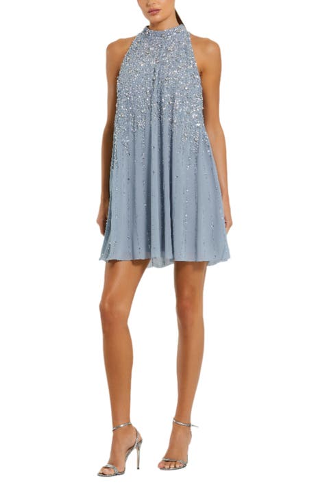 High Neck Sleeveless Sequin Embellished Trapeze Dress
