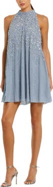 Mac Duggal High Neck Sleeveless Sequin Embellished Trapeze Dress