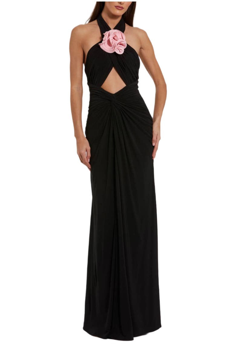 Jersey Crossover Halter Neck Gown With 3D Flower, Main, color, Black Pink