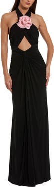 Mac Duggal Jersey Crossover Halter Neck Gown With 3D Flower