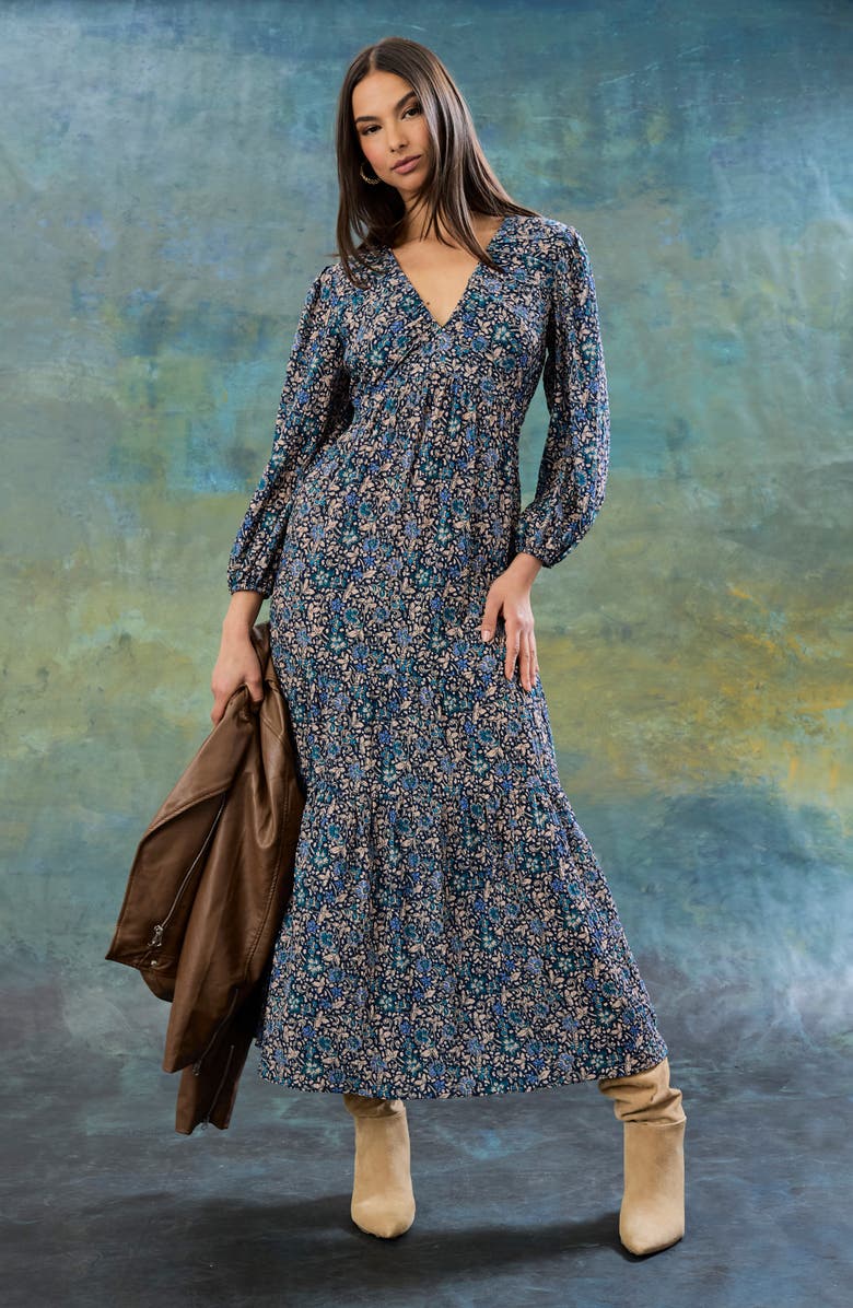 The Good Journey Floral Long Sleeve Empire Waist Tiered Maxi Dress, Alternate, color, Navy Blue/ Aqua