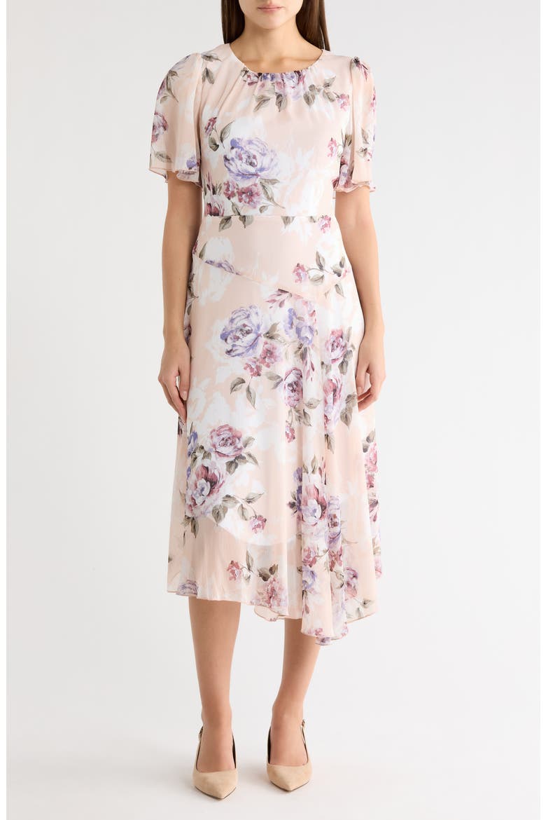Yoryu Flutter Sleeve Asymmetric Midi Dress, Main, color, BLUSH