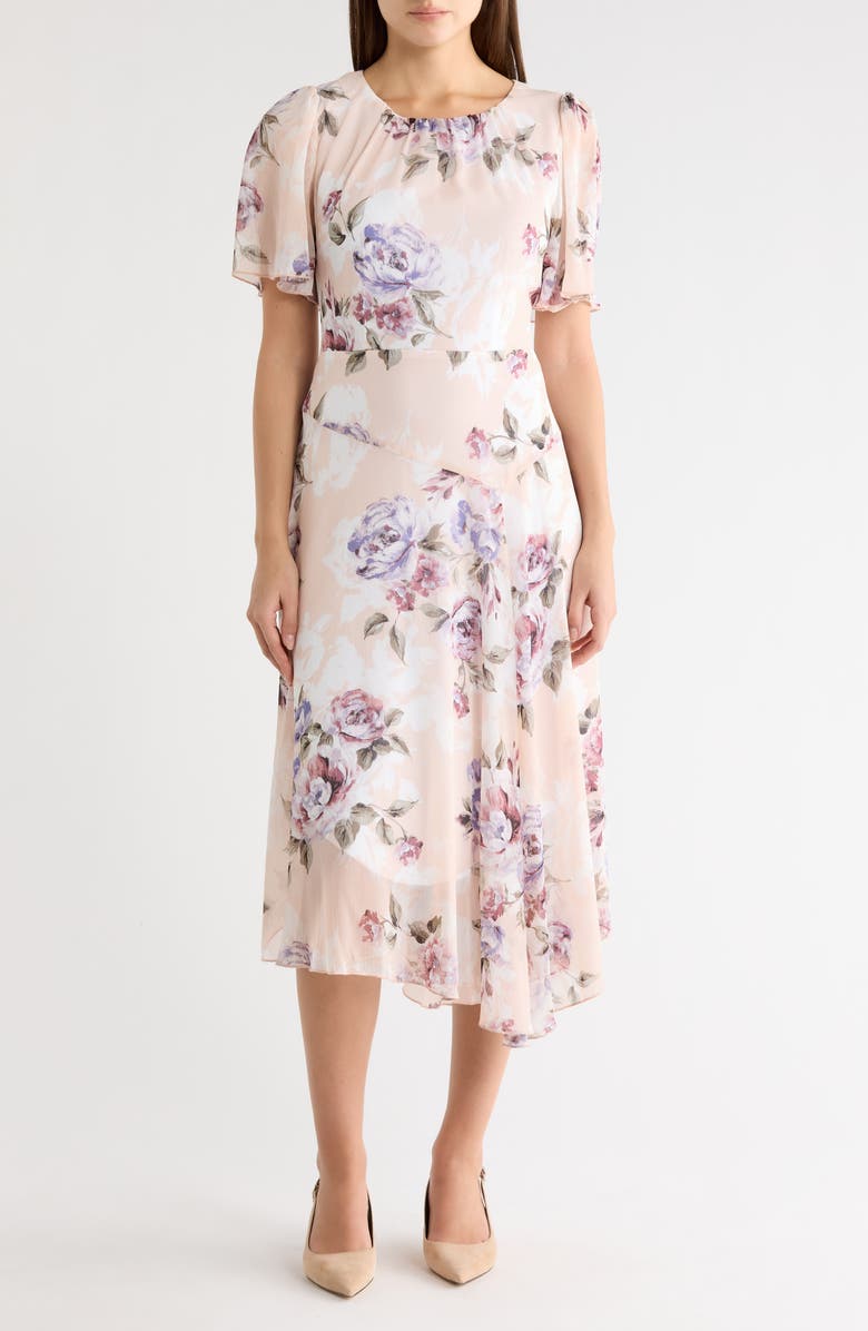 Connected Apparel Yoryu Flutter Sleeve Asymmetric Midi Dress, Main, color, Blush