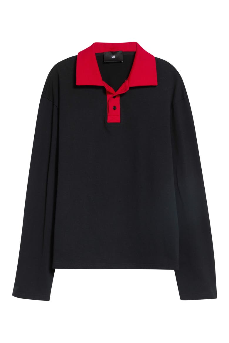Contrast Collar Long Sleeve Cotton Polo, Alternate, color, BLACK/ RED