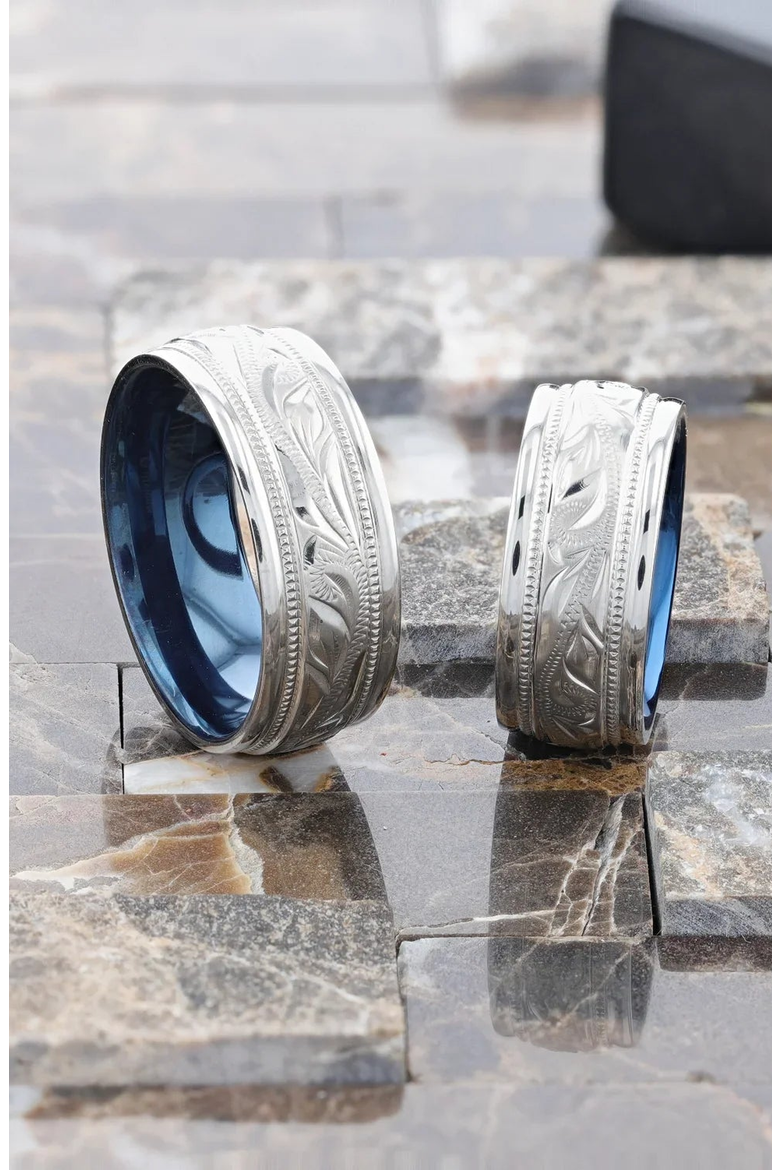 MARINER Titanium Milgrain Engraved Finish Wedding Ring, Alternate, color, Silver / Blue 8mm