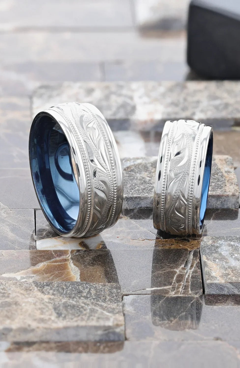 Larson Jewelers MARINER Titanium Milgrain Engraved Finish Wedding Ring, Alternate, color, Silver / Blue 8Mm
