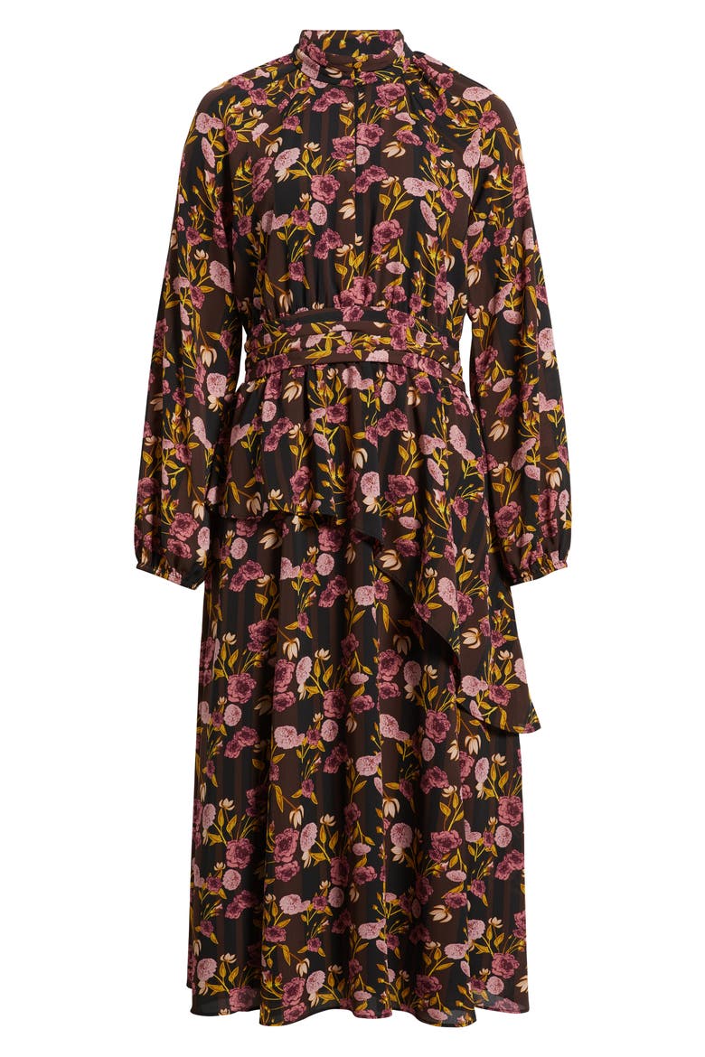 Long Sleeve Ruffle Midi Dress, Alternate, color, BLACK- YELLOW MOLLY BLOOM