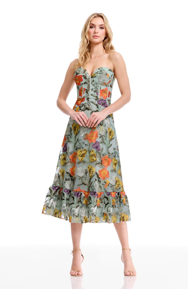 Dress the Population Carina Floral Embroidered Strapless Cocktail Dress, Alternate, color, Sage Multi