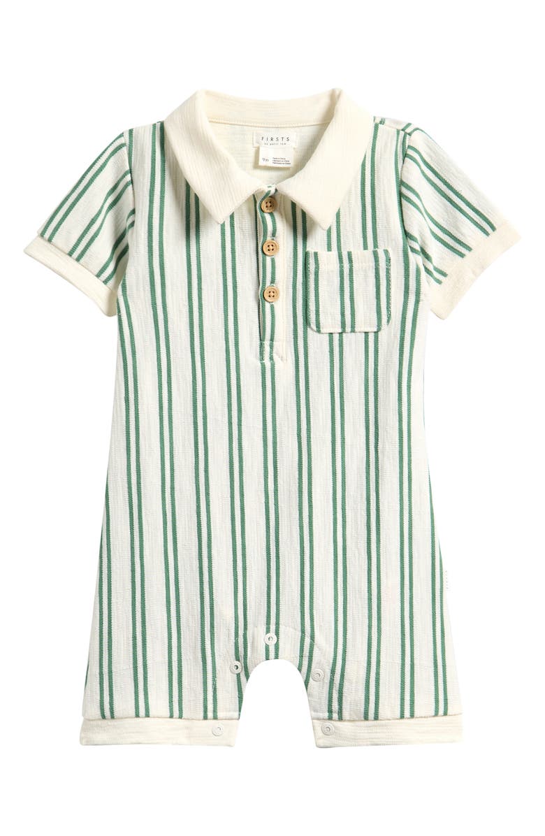 Petit Lem Fern Stripe Organic Cotton Polo Romper, Main, color, Beige
