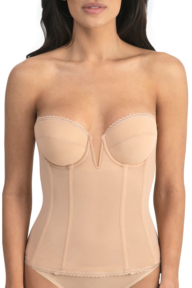 Vivienne Convertible Strapless V Wire Longline Corset Bra, Main, color, MOCHA