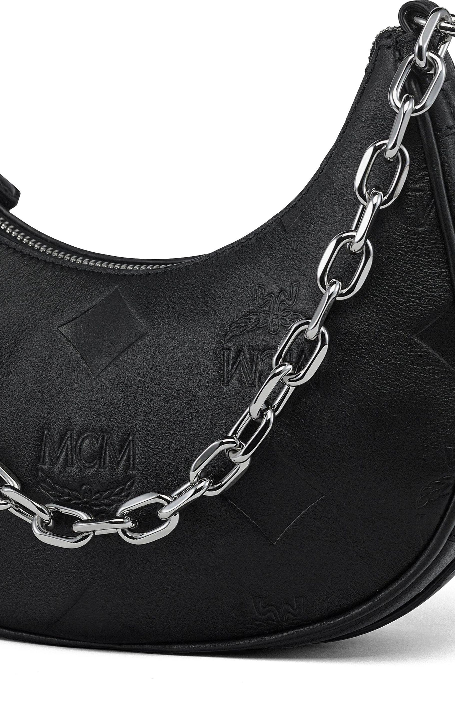 MCM Aren Crescent Hobo Bag in Maxi Monogram Leather, Alternate, color, Black