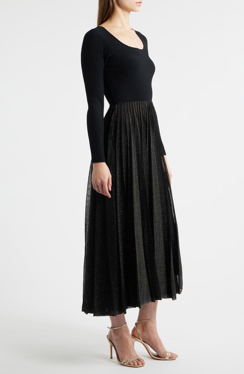 Elie Tahari The Angelique Metallic Pleated Long Sleeve Maxi Dress, Alternate, color, Noir/ Gold Lurex